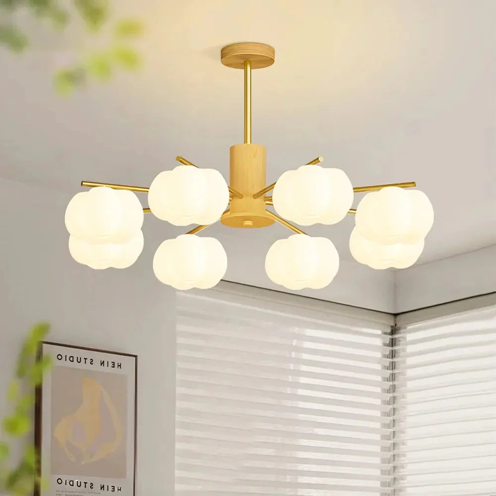 Przytulia Dom | Nowoczesny Żyrandol z Kulami Bawełnianymi – Designerska Lampa Sufitowa Drewniana G9
