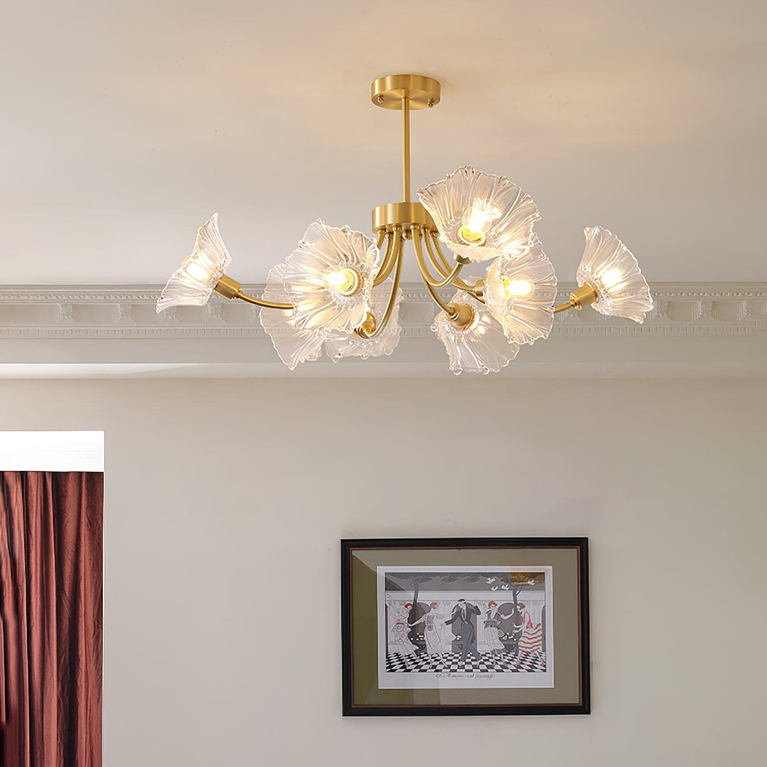 Przytulia Dom | Szklany Żyrandol w Kształcie Kwiatu – Designerska Lampa Sufitowa z Kloszami Szklanymi E27
