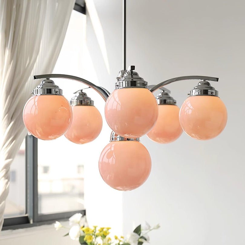 Przytulia Dom | Retro Żyrandol Szklany w Kolorze Różowo-Białym – Designerska Lampa Sufitowa E27
