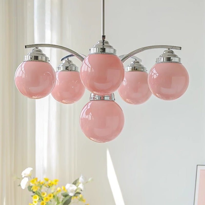 Przytulia Dom | Retro Żyrandol Szklany w Kolorze Różowo-Białym – Designerska Lampa Sufitowa E27