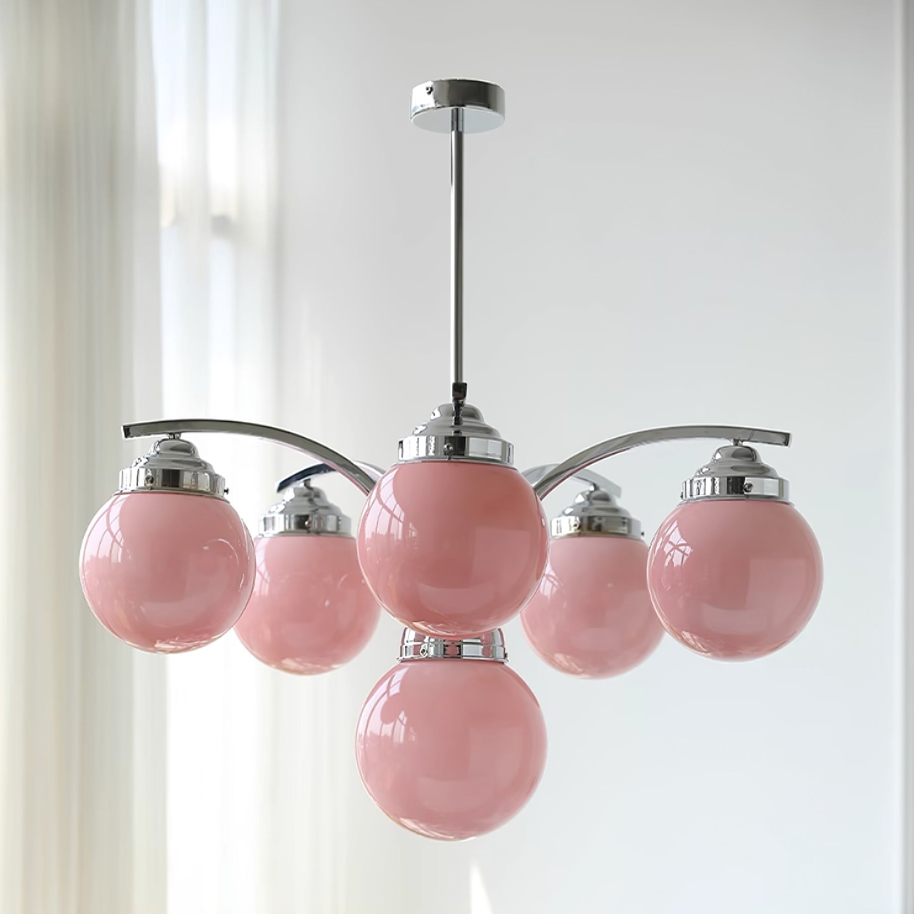 Przytulia Dom | Retro Żyrandol Szklany w Kolorze Różowo-Białym – Designerska Lampa Sufitowa E27