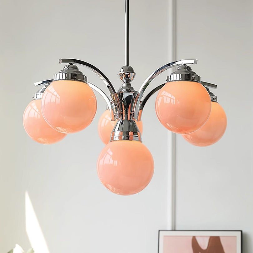 Przytulia Dom | Retro Żyrandol Szklany w Kolorze Różowo-Białym – Designerska Lampa Sufitowa E27