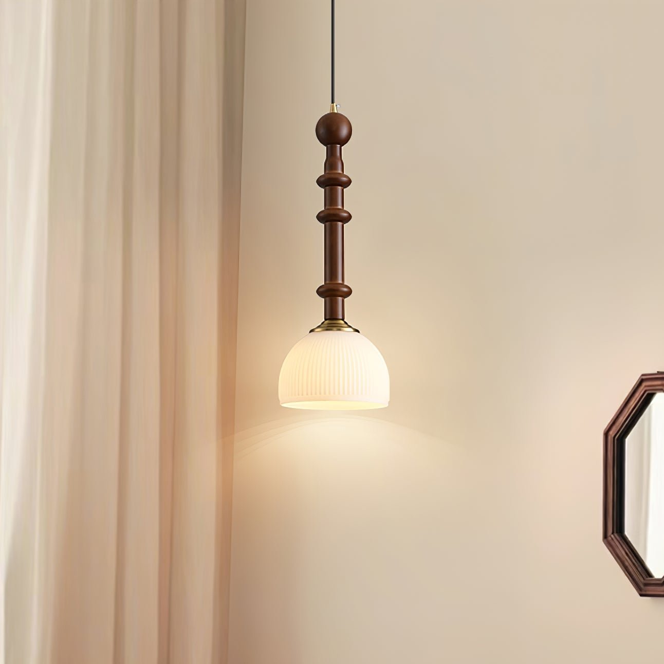 Przytulia Dom | Lampa Wisząca E27 – Styl Vintage Drewno i Szkło, Designerska Lampa Sufitowa