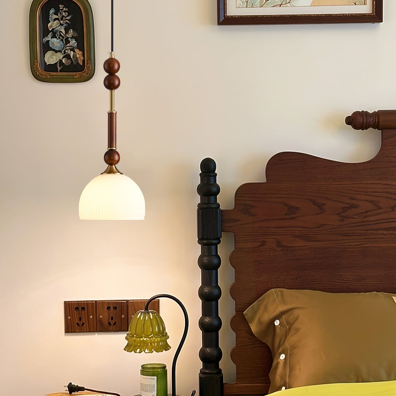 Przytulia Dom | Lampa Wisząca E27 – Styl Vintage Drewno i Szkło, Designerska Lampa Sufitowa