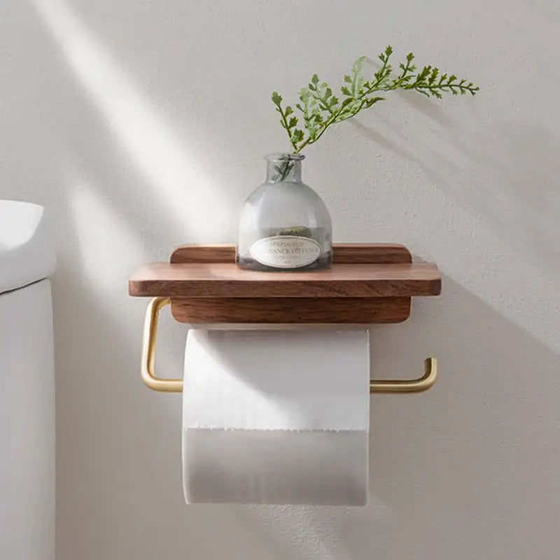 Przytulia Dom | Uchwyt na Papier Toaletowy z Drewnianą Półką – Aluminiowy Wieszak Łazienkowy 23 cm