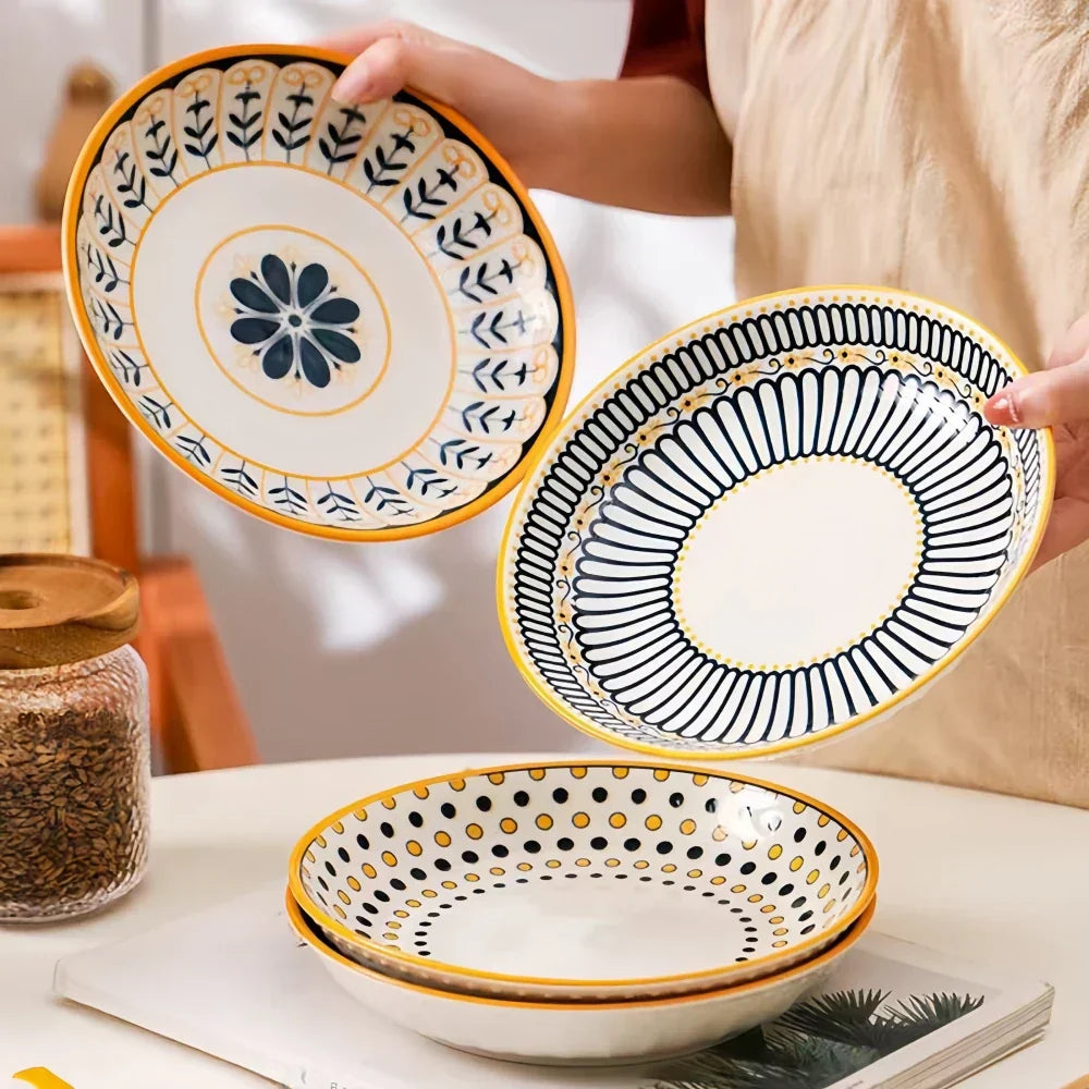 Przytulia Dom | Toskański Zestaw Talerzy z Porcelany – Ręcznie Malowany Wzór – 4 Talerze 20 cm