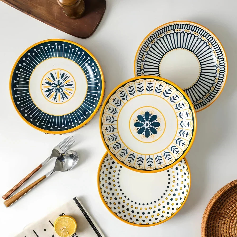Przytulia Dom | Toskański Zestaw Talerzy z Porcelany – Ręcznie Malowany Wzór – 4 Talerze 20 cm