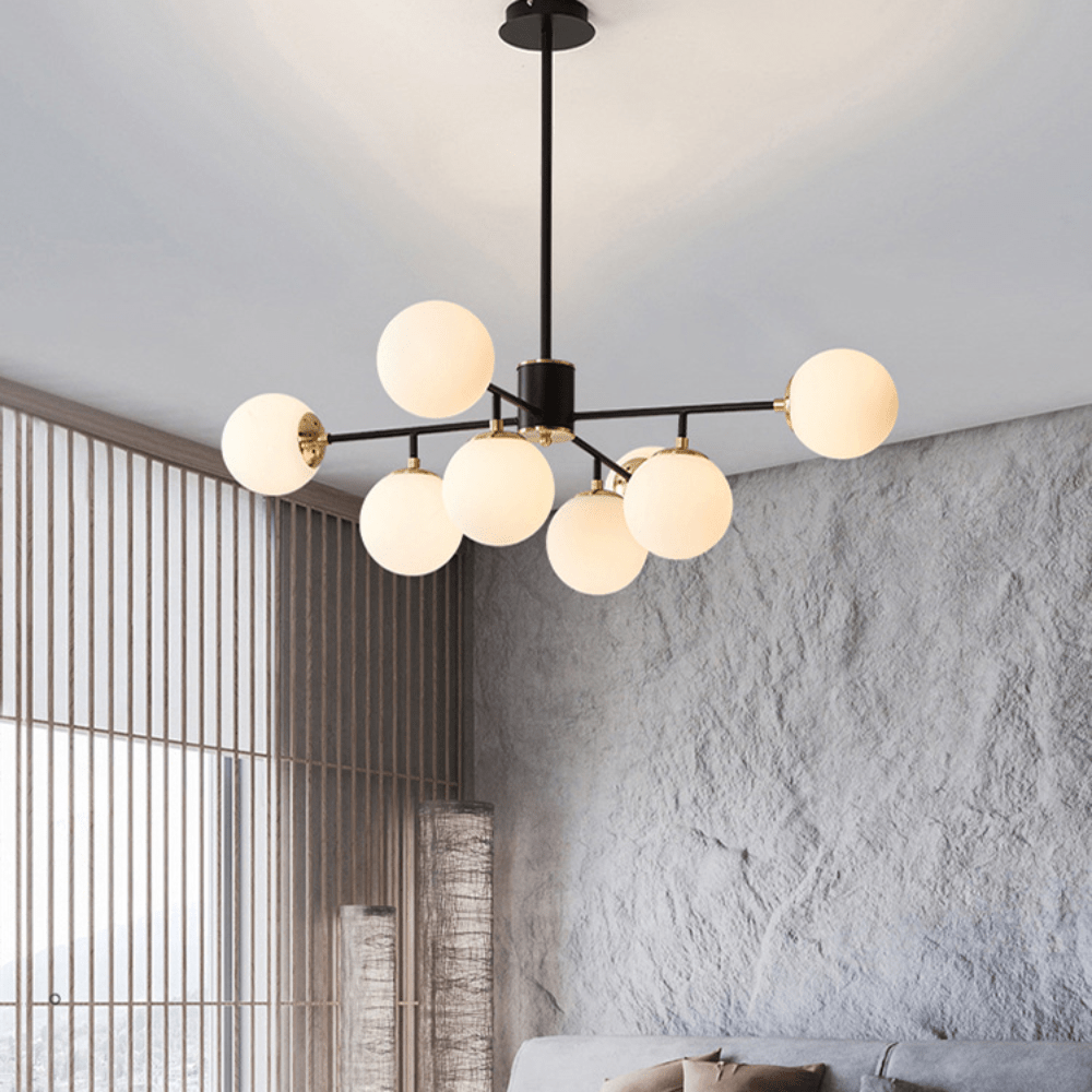 Przytulia Dom | Skandynawski Żyrandol Szklany z Dymionymi Kulami – Designerska Lampa Sufitowa 8×E27
