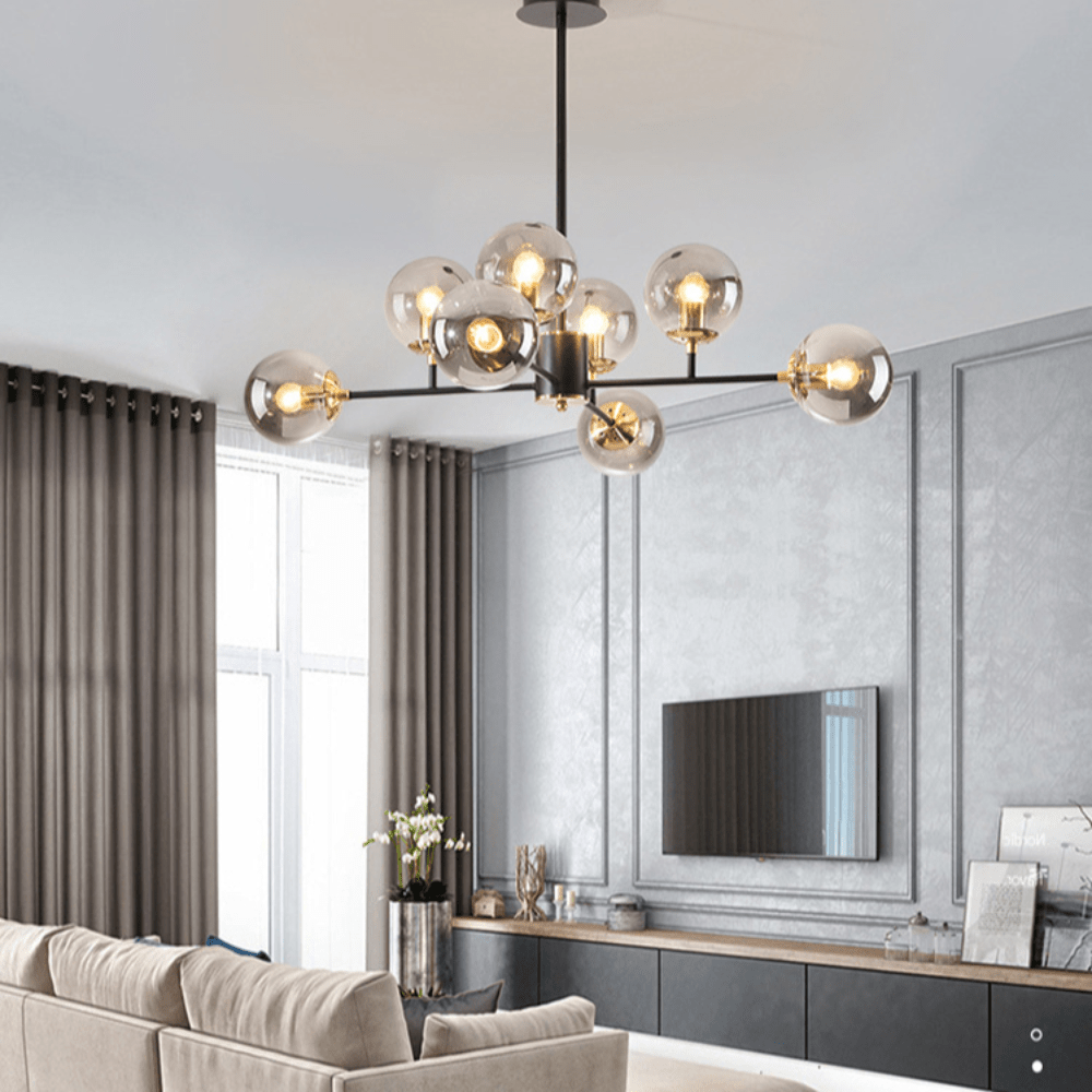 Przytulia Dom | Skandynawski Żyrandol Szklany z Dymionymi Kulami – Designerska Lampa Sufitowa 8×E27