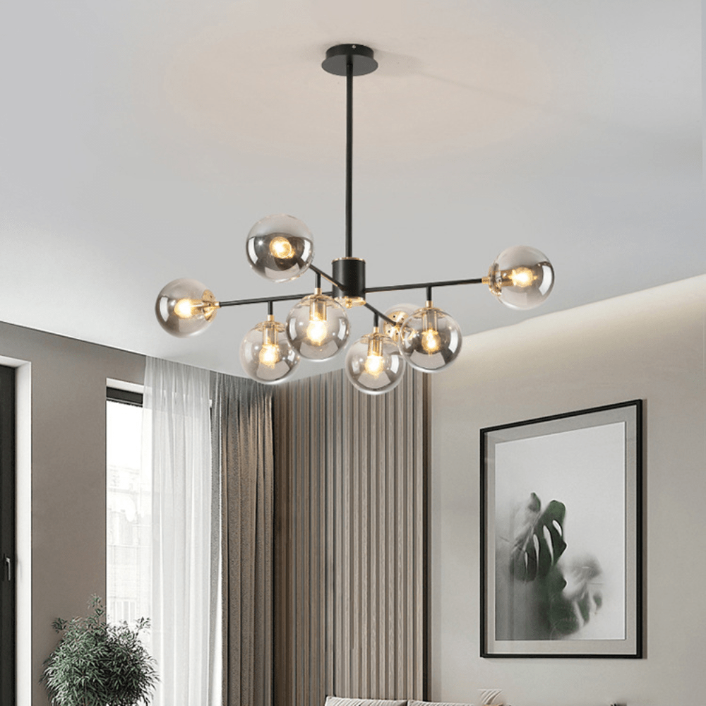 Przytulia Dom | Skandynawski Żyrandol Szklany z Dymionymi Kulami – Designerska Lampa Sufitowa 8×E27