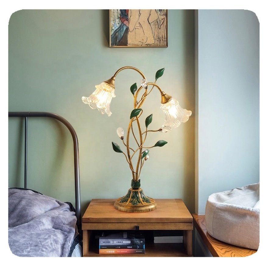 Przytulia Dom | Francuska Lampa Stołowa Kwiatowa E14 – Vintage Lampa z Kryształem i Szkłem