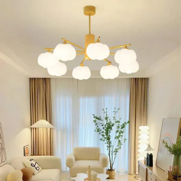 Przytulia Dom | Nowoczesny Żyrandol z Kulami Bawełnianymi – Designerska Lampa Sufitowa Drewniana G9