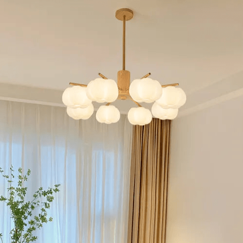 Przytulia Dom | Nowoczesny Żyrandol z Kulami Bawełnianymi – Designerska Lampa Sufitowa Drewniana G9