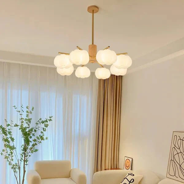 Przytulia Dom | Nowoczesny Żyrandol z Kulami Bawełnianymi – Designerska Lampa Sufitowa Drewniana G9