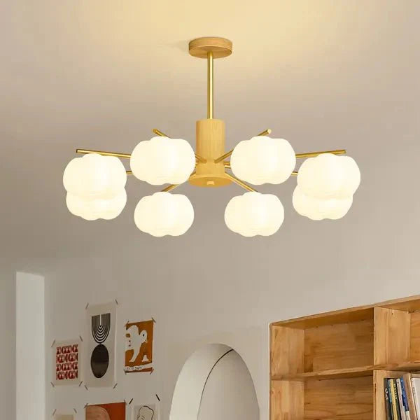 Przytulia Dom | Nowoczesny Żyrandol z Kulami Bawełnianymi – Designerska Lampa Sufitowa Drewniana G9