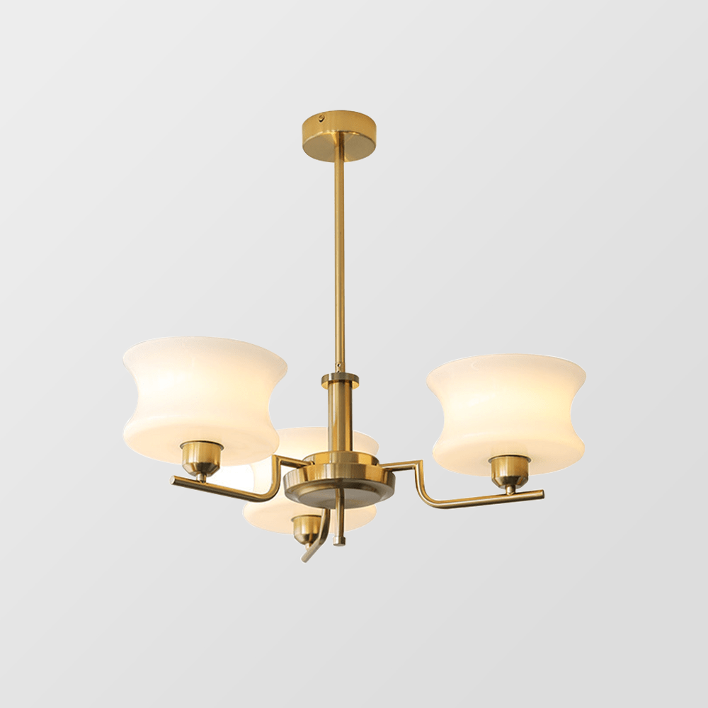 Przytulia Dom | Złoty Żyrandol do Jadalni – Designerska Lampa Sufitowa Vintage z Kloszami Szklanymi E27
