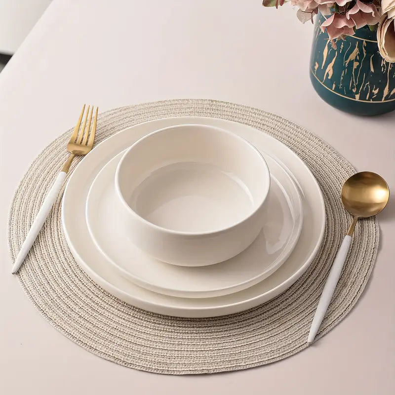Przytulia Dom | 12-Elementowy Zestaw Obiadowy z Białej Porcelany dla 4 Osób – Talerze i Miski – Serwis Stołowy