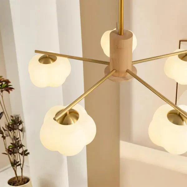 Przytulia Dom | Nowoczesny Żyrandol z Kulami Bawełnianymi – Designerska Lampa Sufitowa Drewniana G9