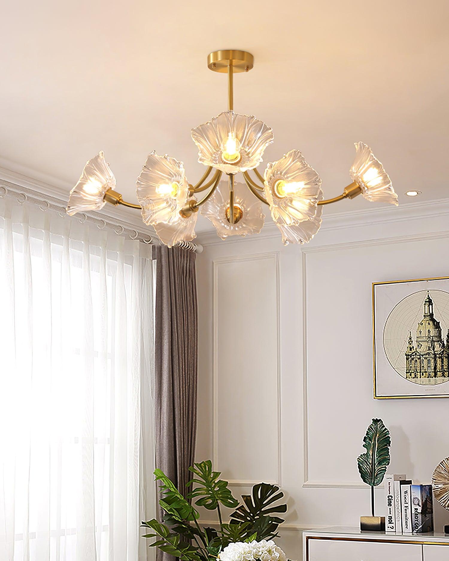 Przytulia Dom | Szklany Żyrandol w Kształcie Kwiatu – Designerska Lampa Sufitowa z Kloszami Szklanymi E27