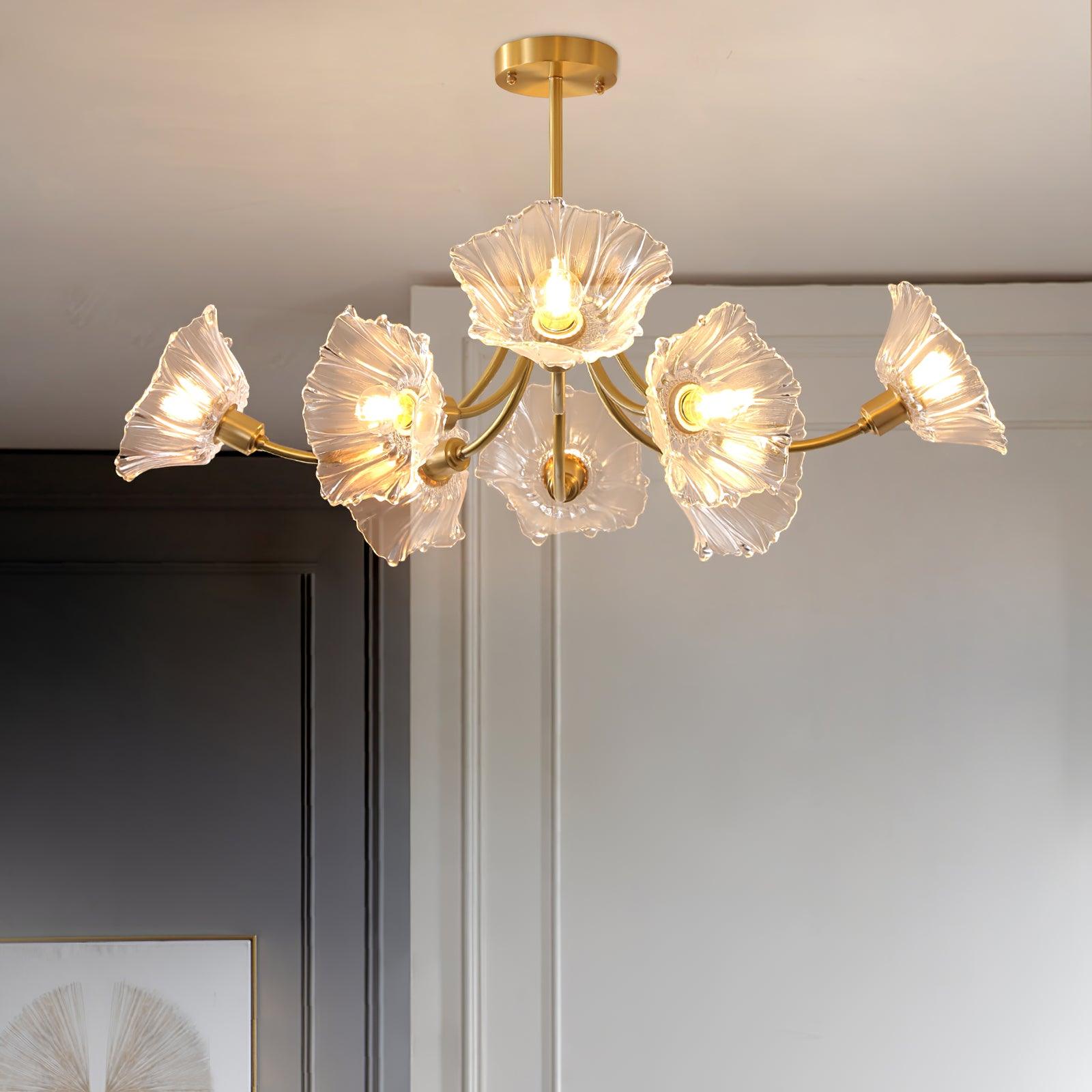 Przytulia Dom | Szklany Żyrandol w Kształcie Kwiatu – Designerska Lampa Sufitowa z Kloszami Szklanymi E27