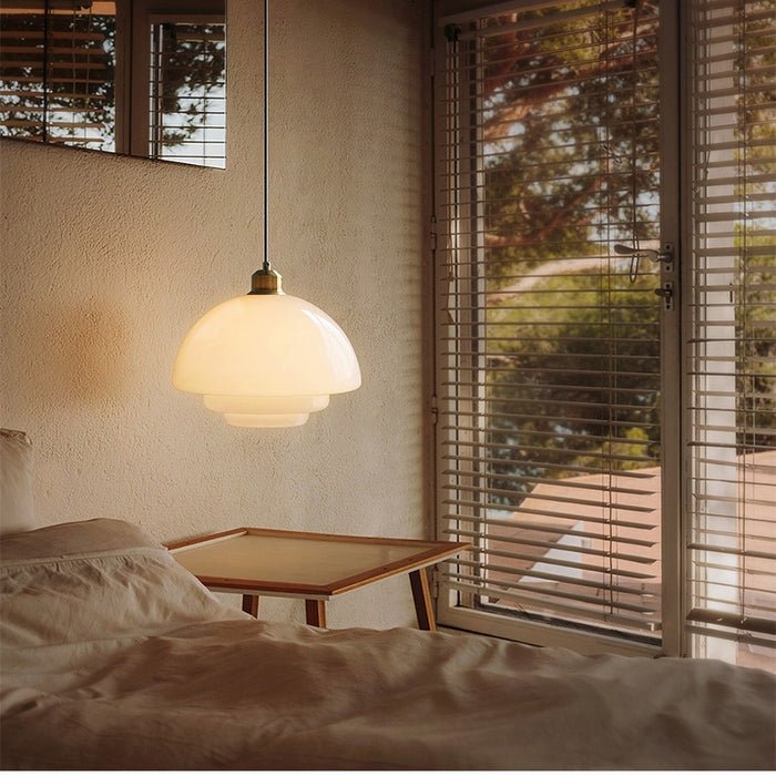 Przytulia Dom | Biała Szklana Lampa Wisząca E27 – Designerska Lampa Sufitowa Mid-Century