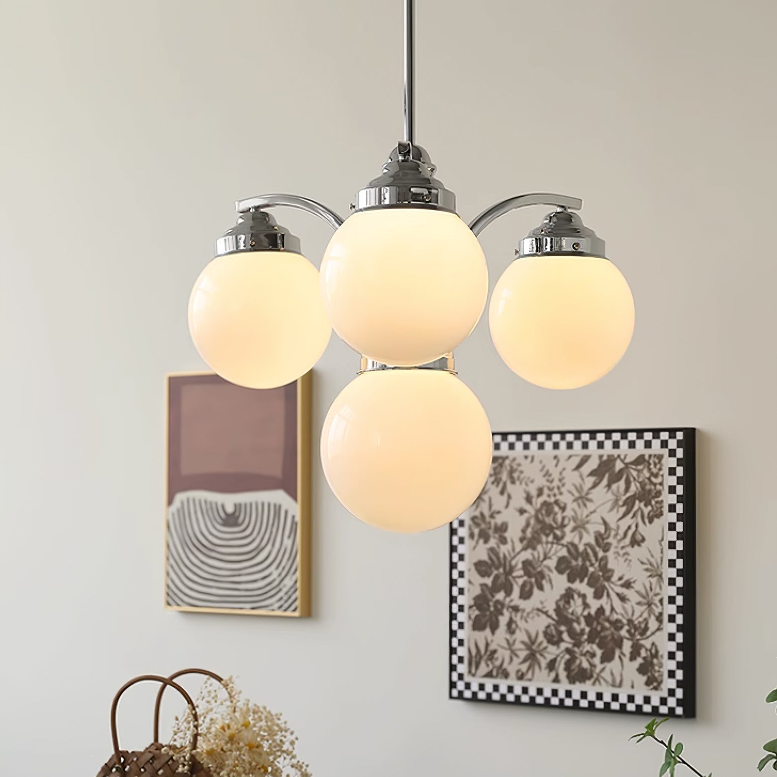 Przytulia Dom | Retro Żyrandol Szklany w Kolorze Różowo-Białym – Designerska Lampa Sufitowa E27