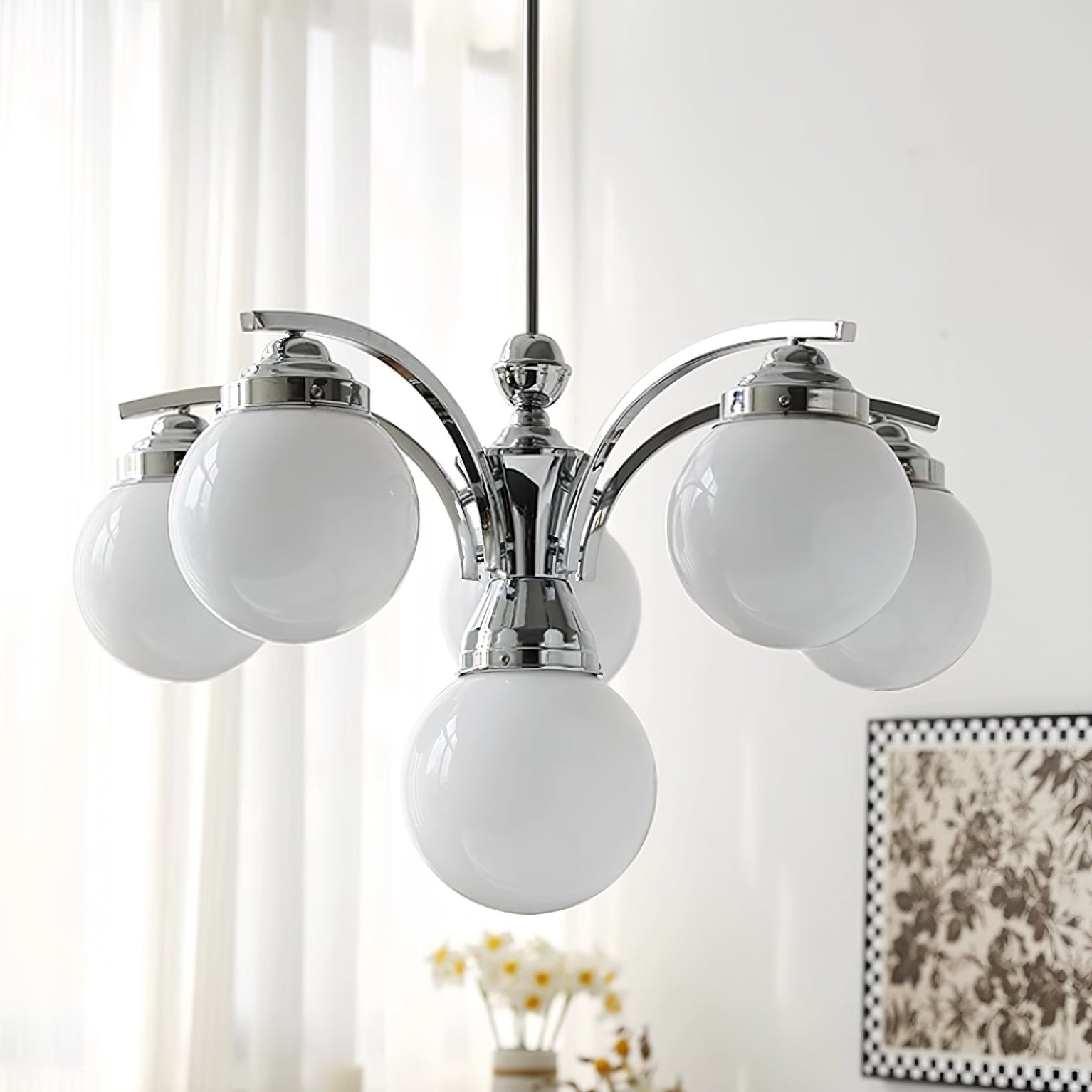 Przytulia Dom | Retro Żyrandol Szklany w Kolorze Różowo-Białym – Designerska Lampa Sufitowa E27