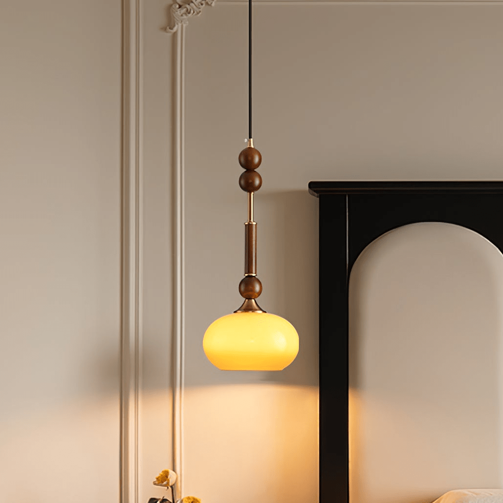 Przytulia Dom | Lampa Wisząca E27 – Styl Vintage Drewno i Szkło, Designerska Lampa Sufitowa