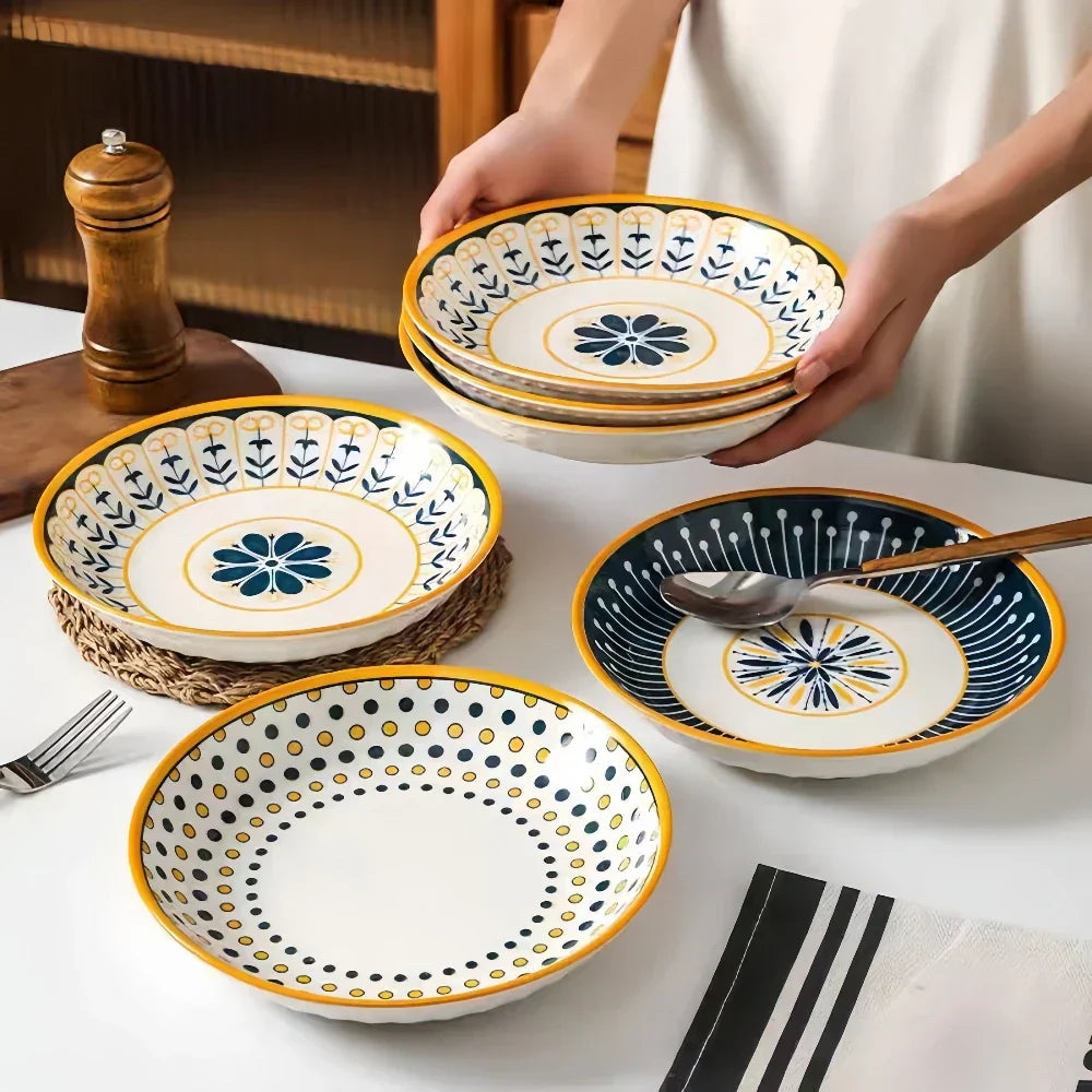 Przytulia Dom | Toskański Zestaw Talerzy z Porcelany – Ręcznie Malowany Wzór – 4 Talerze 20 cm