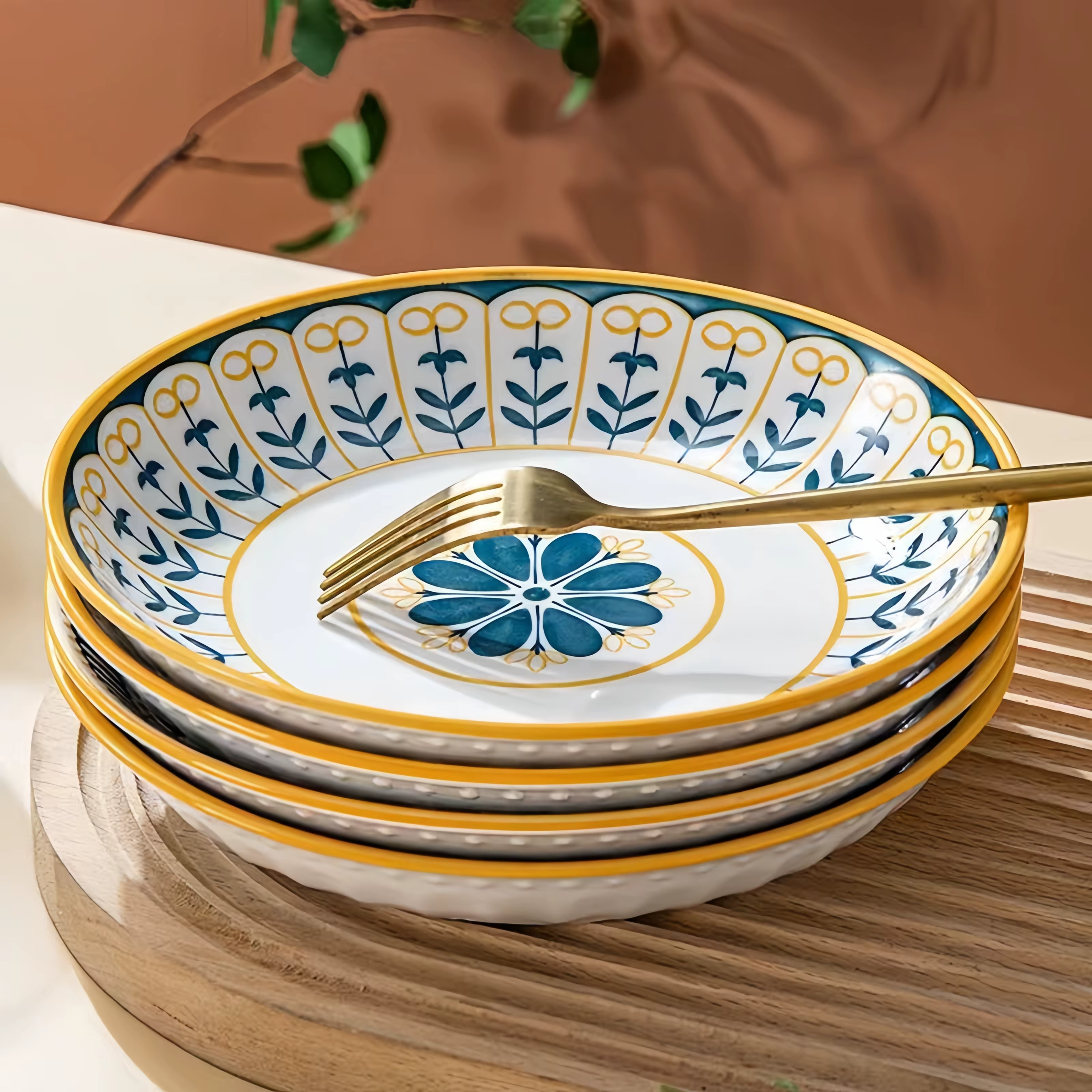 Przytulia Dom | Toskański Zestaw Talerzy z Porcelany – Ręcznie Malowany Wzór – 4 Talerze 20 cm