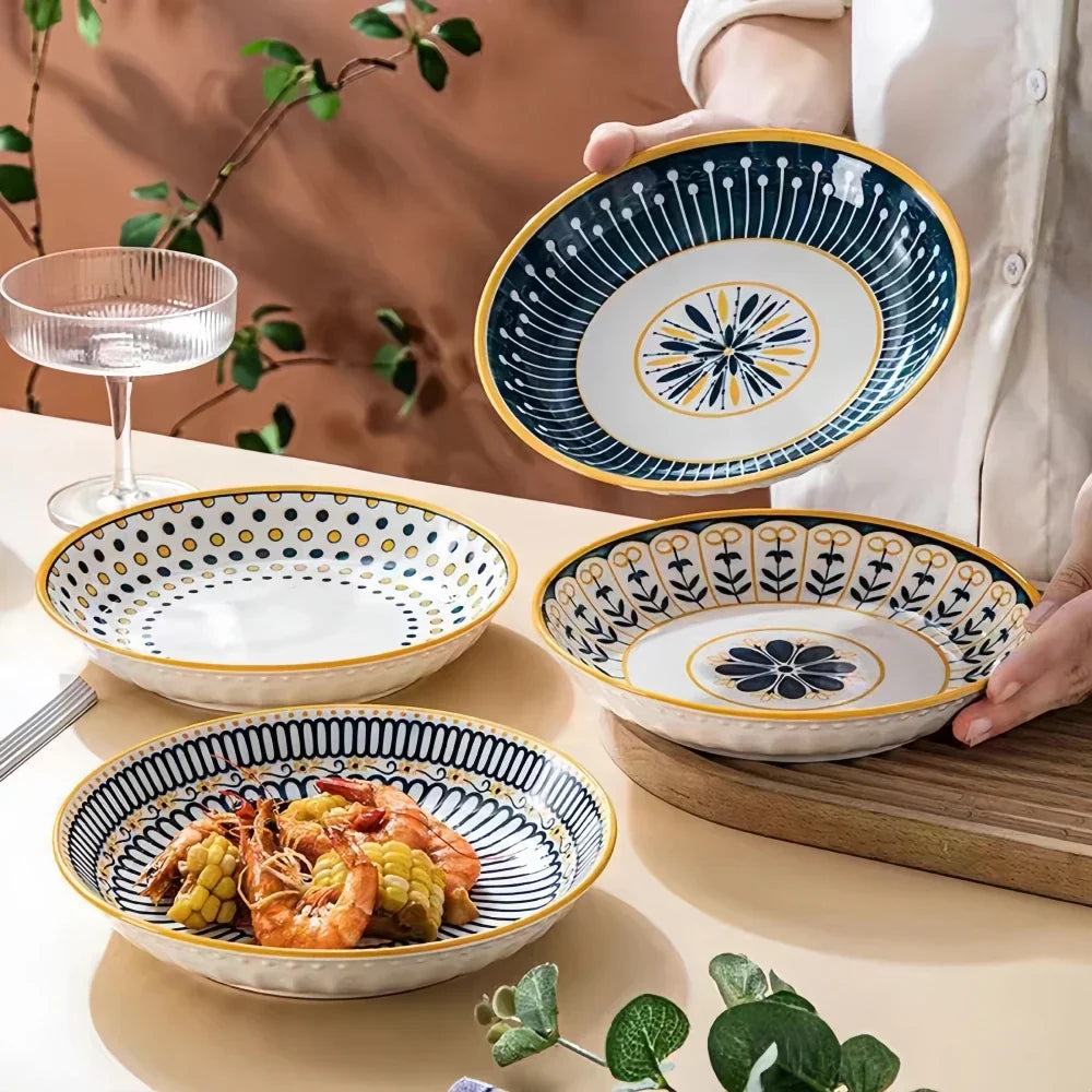 Przytulia Dom | Toskański Zestaw Talerzy z Porcelany – Ręcznie Malowany Wzór – 4 Talerze 20 cm