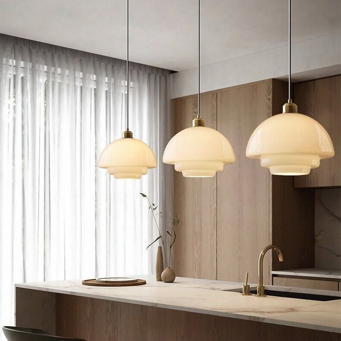 Przytulia Dom | Biała Szklana Lampa Wisząca E27 – Designerska Lampa Sufitowa Mid-Century
