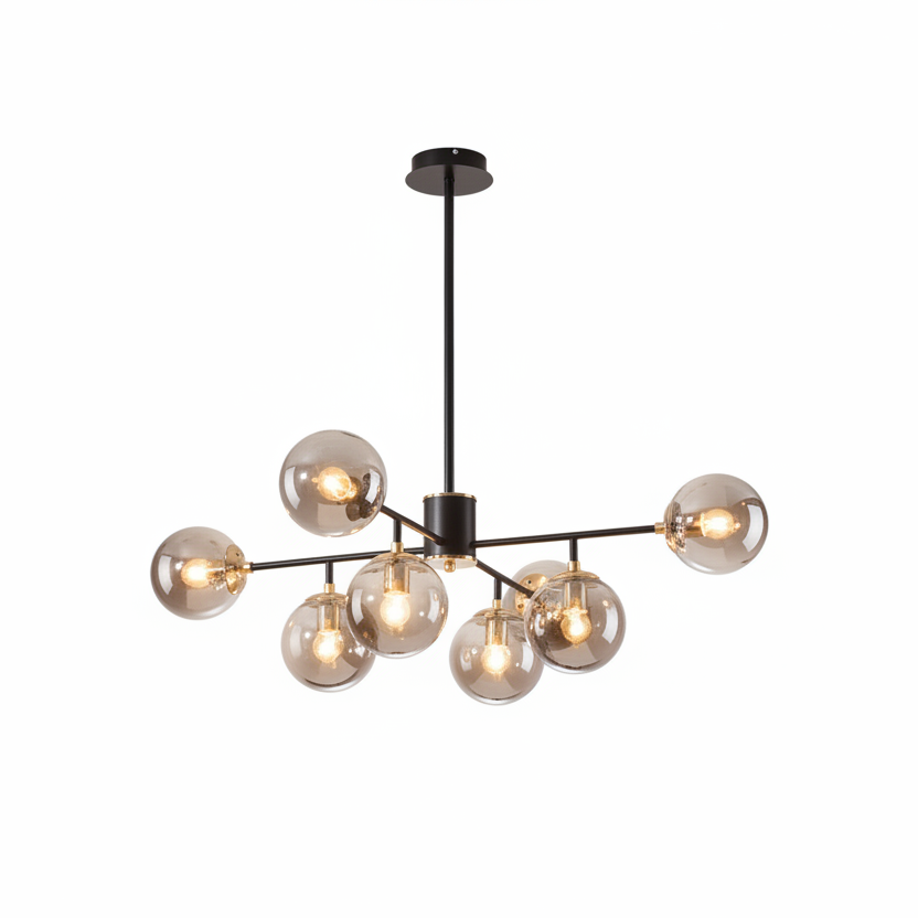 Przytulia Dom | Skandynawski Żyrandol Szklany z Dymionymi Kulami – Designerska Lampa Sufitowa 8×E27