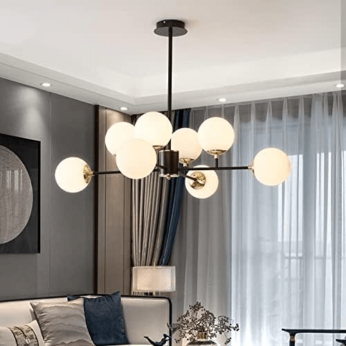 Przytulia Dom | Skandynawski Żyrandol Szklany z Dymionymi Kulami – Designerska Lampa Sufitowa 8×E27
