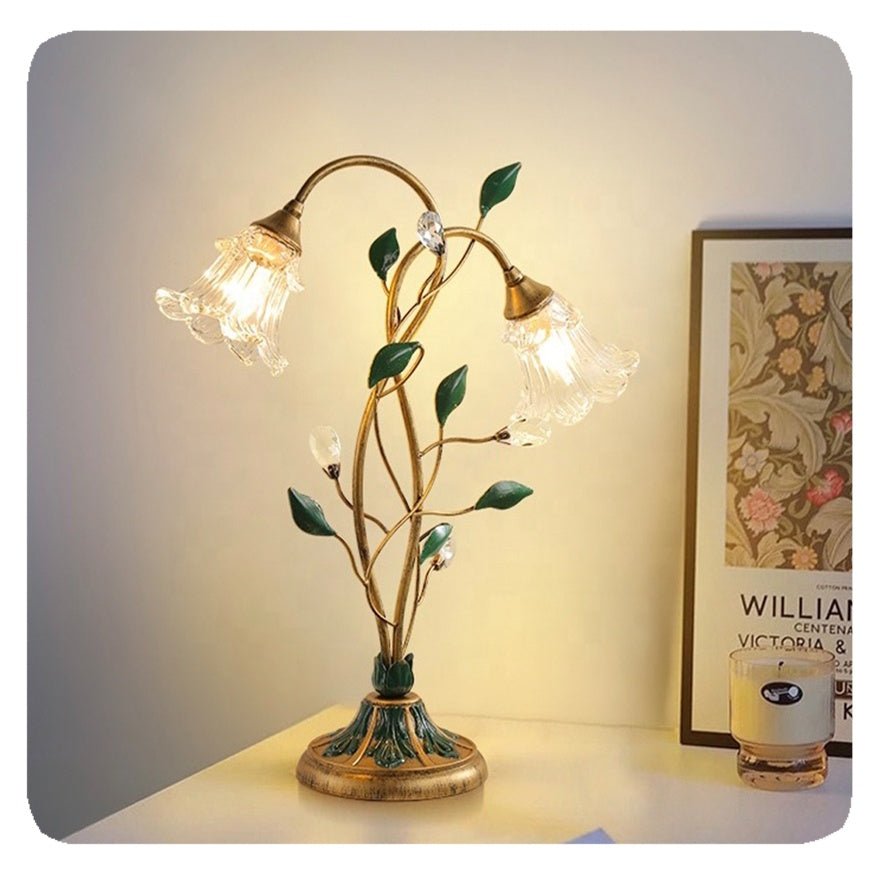 Przytulia Dom | Francuska Lampa Stołowa Kwiatowa E14 – Vintage Lampa z Kryształem i Szkłem