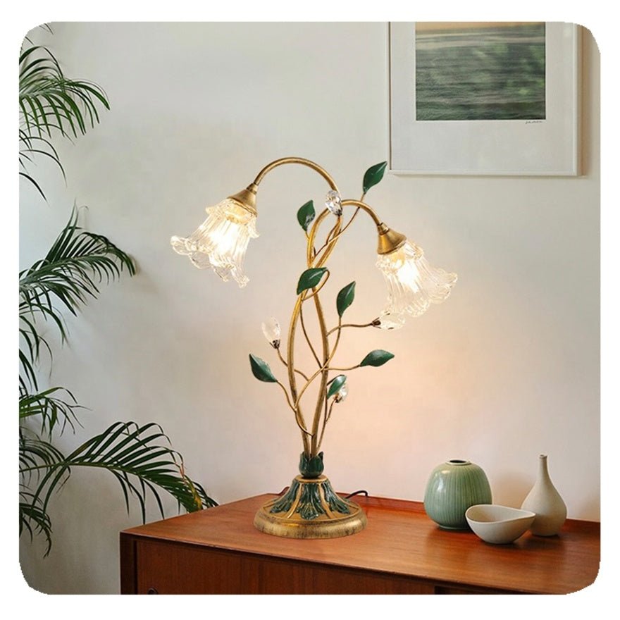 Przytulia Dom | Francuska Lampa Stołowa Kwiatowa E14 – Vintage Lampa z Kryształem i Szkłem